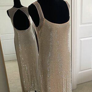 Commense Mesh Trim Rhinestone-Decor Cami Dress - Size Medium in Nude